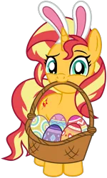 Size: 2863x4773 | Tagged: safe, artist:emeraldblast63, derpibooru import, sunset shimmer, pony, unicorn, basket, bunny ears, cute, easter basket, easter egg, female, high res, image, looking at you, mare, mouth hold, png, shimmerbetes, simple background, solo, transparent background, vector