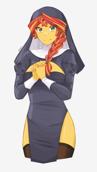 Size: 1080x1920 | Tagged: safe, artist:deeemperor, derpibooru import, sunset shimmer, human, equestria girls, alternate hairstyle, boob window, christian sunset shimmer, christianity, clothes, cute, female, image, jpeg, nun, nun outfit, nunset shimmer, praying, religion, shimmerbetes, side slit, simple background, socks, solo, stockings, thigh highs, white background