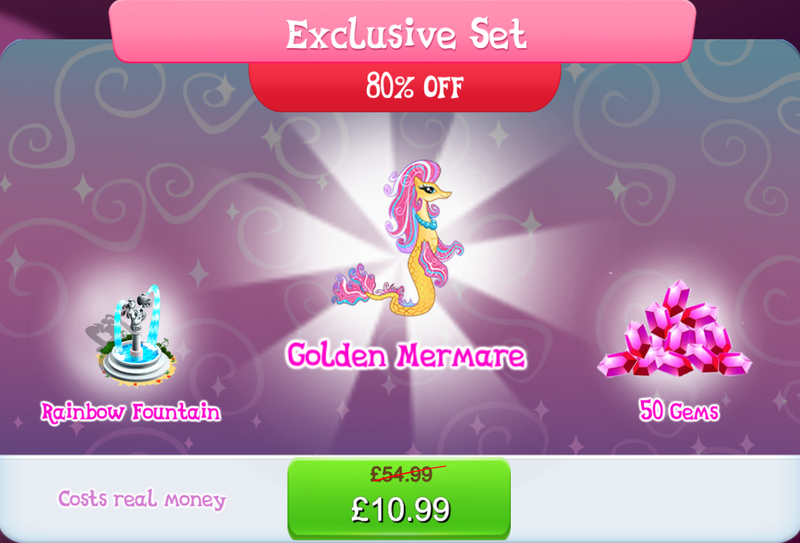 Size: 1267x860 | Tagged: safe, derpibooru import, official, unnamed character, merpony, pony, bundle, bush, costs real money, english, female, fountain, gameloft, gem, image, jewelry, jpeg, mare, mobile game, my little pony: magic princess, necklace, numbers, sale, solo, solo focus, statue, text, unnamed merpony