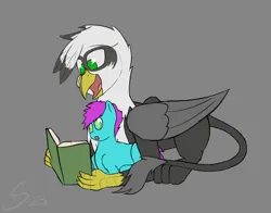 Size: 1628x1276 | Tagged: safe, artist:somber, derpibooru import, oc, oc:stern, gryphon, pony, book, female, foal, image, jpeg