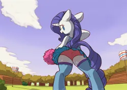 Size: 4096x2886 | Tagged: suggestive, artist:yoditax, derpibooru import, rarity, pony, unicorn, art pack:cheerleader art pack, bipedal, bleachers, buckball field, butt, cheerleader, christmas, christmas stocking, clothes, female, floppy ears, forest, holiday, image, jpeg, looking at you, looking back, looking back at you, mare, no pupils, open mouth, open smile, panties, plot, pom pom, skirt, smiling, solo, solo female, tree, underwear, upskirt