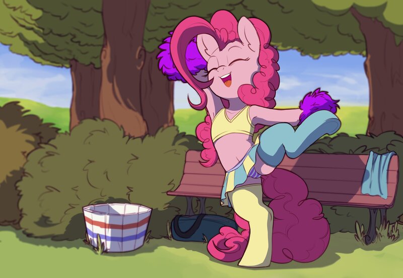 Size: 4096x2825 | Tagged: suggestive, artist:yoditax, derpibooru import, pinkie pie, earth pony, semi-anthro, art pack:cheerleader art pack, bench, cheerleader, cheerleader pinkie, clavicle, clothes, eyes closed, female, image, jpeg, open mouth, open smile, panties, pom pom, skirt, smiling, solo, solo female, standing, standing on one leg, tree, underwear, upskirt