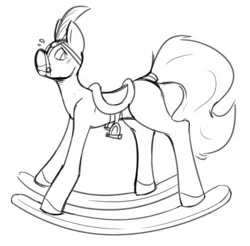 Size: 1588x1563 | Tagged: suggestive, artist:helixjack, edit, oc, unofficial characters only, pony, bit gag, black and white, bondage, gag, grayscale, image, jpeg, monochrome, rocking horse bondage, saddle, solo, tack