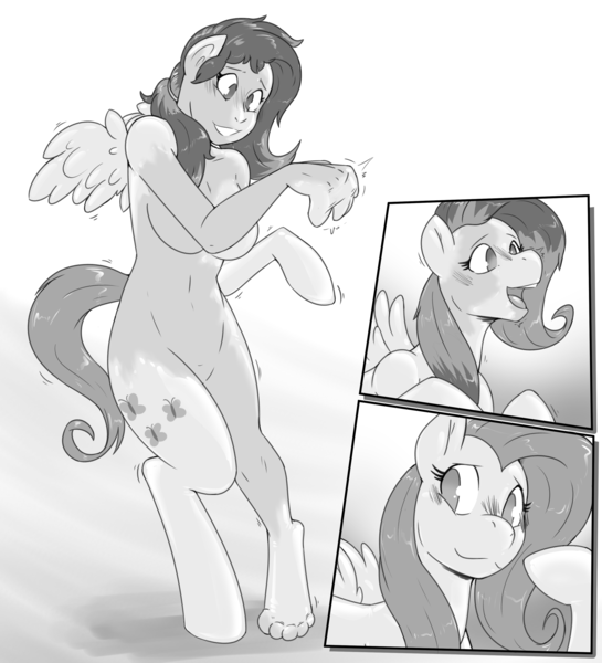 Size: 3000x3300 | Tagged: suggestive, artist:helixjack, fluttershy, latex pony, original species, pegasus, pony, rubber pony, black and white, breasts, featureless breasts, featureless crotch, female, gradient background, grayscale, human to pony, image, latex, latex skin, mare, monochrome, png, rubber, sketch, solo, transformation