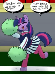 Size: 1505x2048 | Tagged: suggestive, artist:pony quarantine, derpibooru import, twilight sparkle, pony, unicorn, art pack:cheerleader art pack, bedroom eyes, bipedal, cheerleader, cheerleader outfit, clothes, dialogue, female, image, implied sex, jpeg, mare, pom pom, solo, speech bubble, standing, standing on one leg, talking to viewer, unicorn twilight