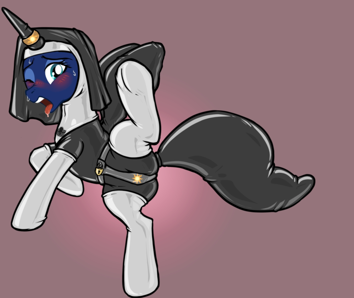 Size: 1274x1074 | Tagged: questionable, alternate version, artist:up1ter, edit, editor:anonymous, princess luna, alicorn, pony, /mlp/ latex requests, bdsm, blue coat, blue eyeshadow, blushing, bondage, bound wings, chastity, chastity belt, clothes, cutie mark accessory, encasement, evening gloves, eyeshadow, female, flustered, furrowed brow, gloves, gradient background, green eyes, horn, horn ring, image, latex, latex gloves, latex stockings, latex suit, lock, long gloves, looking at you, makeup, mare, nun, nun outfit, one eye closed, open mouth, padlock, png, raised leg, red background, ring, salivating, simple background, socks, solo, solo female, spread legs, spreading, stockings, sweat, sweatdrop, teeth, thigh highs, tongue out, veil, wings