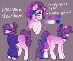 Size: 1192x1000 | Tagged: safe, artist:kazmuun, derpibooru import, oc, oc:anastasia, unofficial characters only, earth pony, pony, alternate design, female, gray background, image, mare, png, pronouns, reference sheet, simple background, solo, twitterina design