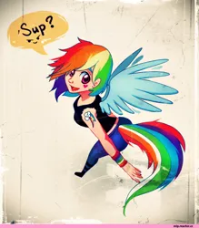 Size: 718x820 | Tagged: artist needed, safe, derpibooru import, rainbow dash, human, braided fingerless mittens, breasts, clothes, cute, cutie mark tattoo, delicious flat chest, heart cheeks, humanized, image, leggings, long braided fingerless mittens, looking at you, paper background, png, pomade, shirt, smiling, solo, t-shirt, tail, tail hole, talking to viewer, tattoo, text, wings hole