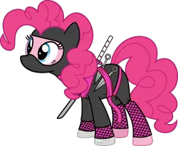 Size: 4000x3277 | Tagged: safe, artist:icicle-wicicle-1517, artist:n0kkun, color edit, derpibooru import, edit, pinkie pie, earth pony, pony, belt, collaboration, colored, female, image, katana, kunai, mare, mask, ninja, png, simple background, solo, sword, transparent background, weapon