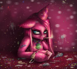 Size: 5248x4728 | Tagged: suggestive, artist:polnocnykot, derpibooru import, pinkie pie, earth pony, pony, angry, balloon, beads, blade, blue eyes, bracelet, broken, broken hearts, burning, candle, candy, card, chains, colored, condom, confetti, creepy, cute, deflated, deflation, depressed, detailed, detailed background, detailed hair, disco ball, drugged, drugs, female, fire, floppy ears, fluffy, food, frown, glow, grin, hangover, hat, heart, heartbreak, image, jewelry, jpeg, lidded eyes, looking back, mare, mud, mud pony, necklace, open mouth, pacifier, party, party hat, party horn, pink background, pink hair, pinkamena diane pie, plastic, playing card, razor, reflection, sad, scar, shiny, simple background, sitting, smiling, smoking, solo, sparkles, spots, sweets, table, teeth, trash