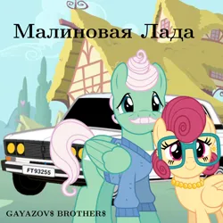 Size: 1280x1280 | Tagged: safe, artist:dashiesparkle, artist:edy_january, derpibooru import, gentle breeze, posey shy, pegasus, pony, album, album cover, album parody, car, cyrillic, gayazov brothers, house, image, lada, lada car, link in description, music, parody, png, ponyville, russia, russian, song, text, twitter link, vector used, vehicle, youtube link, малиновая лада, 𝗠𝗮𝗹𝗶𝗻𝗼𝘃𝗮𝘆𝗮 𝗟𝗮𝗱𝗮