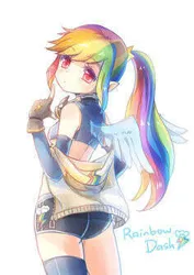 Size: 236x333 | Tagged: safe, artist:eminya, derpibooru import, rainbow dash, human, cape, clothes, finger gun, fingerless gloves, gloves, humanized, image, jpeg, looking at you, looking back, panties, pants, partial nudity, ponytail, simple background, socks, sports panties, stockings, text, thigh highs, topless, underwear, white background