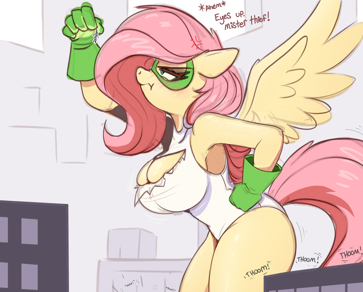 Size: 1862x1500 | Tagged: suggestive, artist:raps, derpibooru import, fluttershy, anthro, pegasus, pony, armpits, big breasts, boob window, breasts, busty fluttershy, cleavage, clothes, female, female focus, giantess, gloves, hand on hip, image, jpeg, leotard, macro, macro/micro, mare, mask, pouting, ripped, ripped shirt, shirt, solo focus, superhero, superhero costume, torn clothes