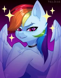 Size: 950x1200 | Tagged: safe, artist:villjulie, derpibooru import, rainbow dash, pegasus, pony, choker, eyebrow piercing, gradient background, image, looking at you, piercing, png, solo, sparkles