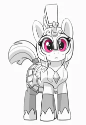 Size: 600x866 | Tagged: safe, artist:pabbley, derpibooru import, pony, unicorn, armor, clothes, cropped, cute, female, full body, guardsmare, helmet, image, looking at you, mare, partial color, pink eyes, png, royal guard, simple background, skirt, solo, standing, white background