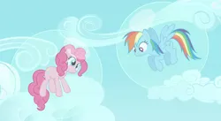 Size: 600x329 | Tagged: safe, artist:rebelsuperstar, derpibooru import, pinkie pie, rainbow dash, earth pony, pegasus, bubble, bubble solution, cloud, image, in bubble, jpeg, pinkie pie trapped in a bubble, sky, soap bubble, trapped