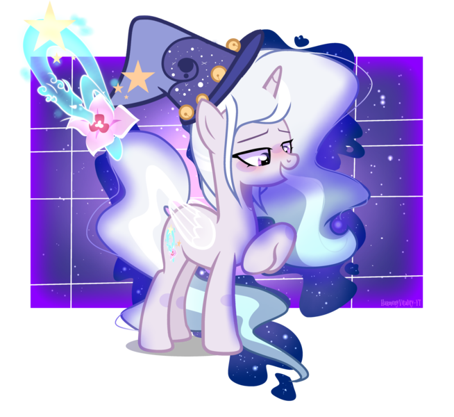 Size: 3297x3025 | Tagged: safe, artist:harmonyvitality-yt, derpibooru import, oc, unofficial characters only, pony, unicorn, artificial wings, augmented, base used, ethereal mane, hat, horn, image, magic, magic wings, parent:mistmane, parent:star swirl the bearded, png, raised hoof, simple background, solo, starry mane, transparent background, unicorn oc, wings, wizard hat