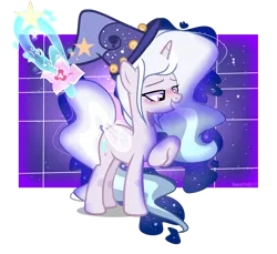 Size: 3297x3025 | Tagged: safe, artist:harmonyvitality-yt, derpibooru import, oc, unofficial characters only, pony, unicorn, artificial wings, augmented, base used, ethereal mane, hat, horn, image, magic, magic wings, parent:mistmane, parent:star swirl the bearded, png, raised hoof, simple background, solo, starry mane, transparent background, unicorn oc, wings, wizard hat