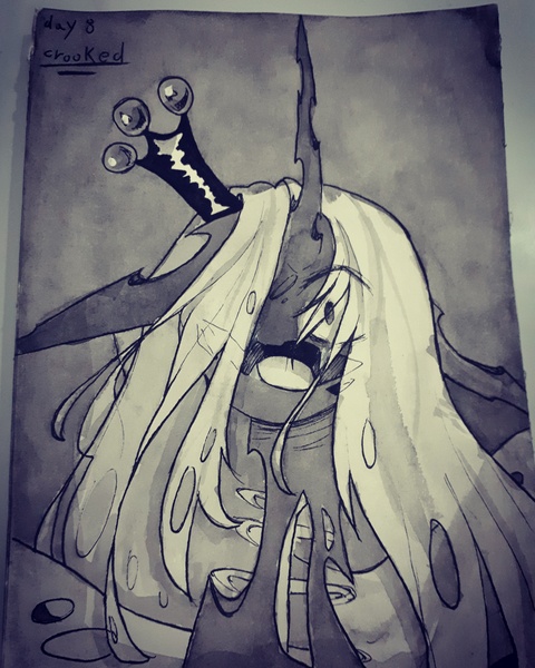 Size: 3456x4320 | Tagged: safe, artist:prettyshinegp, derpibooru import, queen chrysalis, changeling, changeling queen, d:, female, image, inktober, inktober 2017, jpeg, open mouth, signature, solo, traditional art