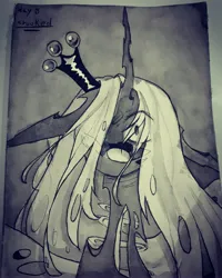 Size: 3456x4320 | Tagged: safe, artist:prettyshinegp, derpibooru import, queen chrysalis, changeling, changeling queen, d:, female, image, inktober, inktober 2017, jpeg, open mouth, signature, solo, traditional art