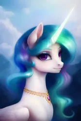 Size: 1280x1920 | Tagged: safe, derpibooru import, editor:dovakkins, machine learning generated, stable diffusion, princess celestia, alicorn, pony, beautiful, blue sky, bust, cloud, cloudy, day, derpibooru exclusive, female, glow, glowing horn, horn, image, jewelry, long mane, looking at you, majestic, mare, missing accessory, peytral, png, sky, smiling, smiling at you, solo, sunrise, wavy mane