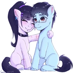 Size: 1244x1244 | Tagged: safe, artist:xiaowu07, derpibooru import, oc, unofficial characters only, earth pony, pony, unicorn, amputee, cute, disabled, duo, female, glasses, image, male, png, ponytail, scar, self harm, self harm scars, shipping, sitting, smiling