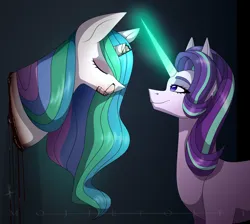 Size: 1280x1145 | Tagged: grimdark, artist:mojjetolii, derpibooru import, princess celestia, starlight glimmer, pony, unicorn, blood, broken horn, dead, decapitated, duo, glow, glowing horn, horn, image, jpeg, severed head