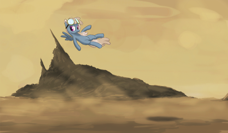 Size: 769x450 | Tagged: safe, artist:pinkchalk, artist:truthormare, derpibooru import, dust devil, pegasus, pony, collaboration, dust, female, flying, goggles, goggles on head, image, lineart, mare, painting, png, scenery, solo