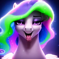 Size: 2999x2999 | Tagged: suggestive, derpibooru import, machine learning generated, purplesmart.ai, stable diffusion, princess celestia, alicorn, fluffy pony, bedroom eyes, bust, drool, female, female focus, image, imminent blowjob, imminent oral, imminent sex, implied guard, implied guardlestia, lidded eyes, looking at you, open mouth, open smile, oral invitation, png, seduction, seductive, seductive look, smiling, solo focus, tongue out, wings