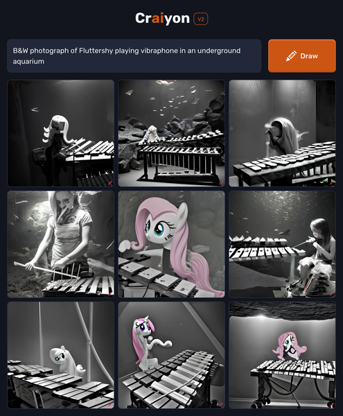 Size: 1536x1860 | Tagged: safe, craiyon, derpibooru import, machine learning generated, fluttershy, fish, human, pegasus, pony, anatomical horror, anatomically incorrect, aquarium, black and white, black background, clothes, distorted, distortion, female, grayscale, image, mallet percussion, mare, monochrome, percussion, pink mane, png, shirt, simple background, skirt, t-shirt, underwater, vibraphone, water, xylophone, young