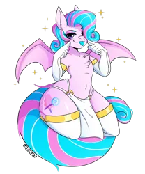 Size: 1752x2103 | Tagged: suggestive, artist:iamkat95, derpibooru import, oc, oc:sweetie swirl, anthro, bat pony, bat pony oc, bat wings, belly button, blue tongue, chest fluff, clothes, ear fluff, ears, eyebrows, eyelashes, eyeshadow, femboy, furrowed brow, gloves, hips, image, kneeling, lidded eyes, loincloth, long gloves, long tail, looking at you, makeup, male, male oc, multicolored hair, multicolored tail, nostrils, png, smiling, snout, socks, solo, spread wings, tail, thigh highs, thighs, thunder thighs, tongue out, wide hips, wings