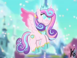 Size: 2160x1620 | Tagged: safe, artist:jesslmc16, derpibooru import, princess flurry heart, alicorn, pony, clothes, crystal empire, digital art, female, flying, future, image, jewelry, jpeg, looking at you, mare, my little pony, older, princess, procreate app, smiling, smiling at you, solo, sparkles, tiara