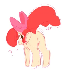 Size: 723x759 | Tagged: dead source, suggestive, artist:cunnyluvr, derpibooru import, apple bloom, earth pony, pony, bloom butt, butt, female, filly, foal, foalcon, image, png, question mark, raised tail, simple background, sketch, solo, tail, tail lift, underage, white background