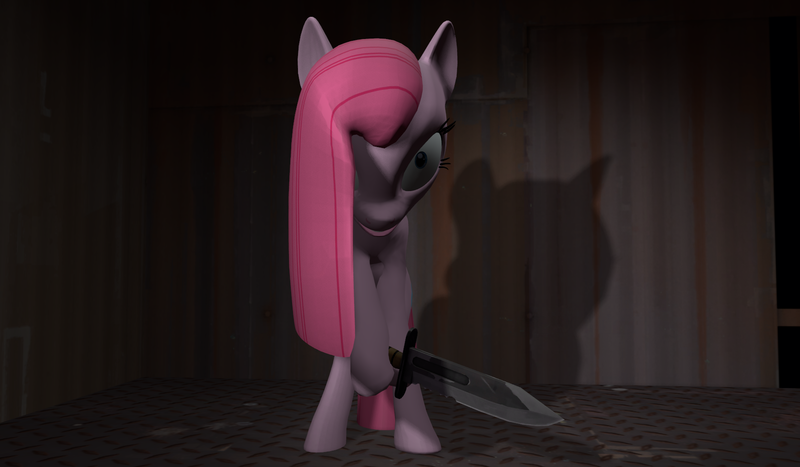 Size: 1764x1029 | Tagged: safe, artist:pointpony, derpibooru import, pinkie pie, earth pony, pony, 2013, 3d, artifact, creepy, female, image, link in description, looking at you, mare, pinkamena diane pie, png, saw, scary, solo, source filmmaker