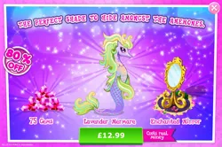 Size: 1962x1301 | Tagged: safe, derpibooru import, idw, official, unnamed character, merpony, pony, advertisement, costs real money, english, female, gameloft, gem, idw showified, image, jpeg, mare, mirror, mobile game, my little pony: magic princess, numbers, sale, solo, solo focus, text, unnamed merpony