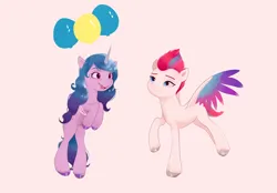 Size: 2700x1880 | Tagged: safe, artist:pascal571, derpibooru import, izzy moonbow, zipp storm, pegasus, pony, unicorn, balloon, beige background, cute, duo, female, floating, flying, g5, image, izzybetes, looking at someone, mare, missing cutie mark, open mouth, open smile, png, simple background, smiling, the new pinkie pie