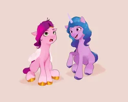 Size: 2500x2000 | Tagged: safe, artist:pascal571, derpibooru import, izzy moonbow, pipp petals, pegasus, pony, unicorn, adorapipp, beige background, confused, cute, duo, female, g5, high res, image, izzybetes, looking up, mare, open mouth, open smile, png, princess pipp, simple background, smiling