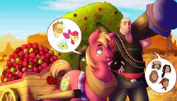 Size: 7000x4000 | Tagged: safe, artist:lycantrin, derpibooru import, apple bloom, applejack, big macintosh, bloomberg, granny smith, earth pony, human, pony, apple, apple cart, apple tree, big brother, bonding, bullet, cart, crossover, desert, duo, food, heavy, heavy weapons guy, horse collar, image, male, outdoors, pictogram, png, smiling, speech bubble, stallion, sunshine, talking, team fortress 2, tree, wholesome
