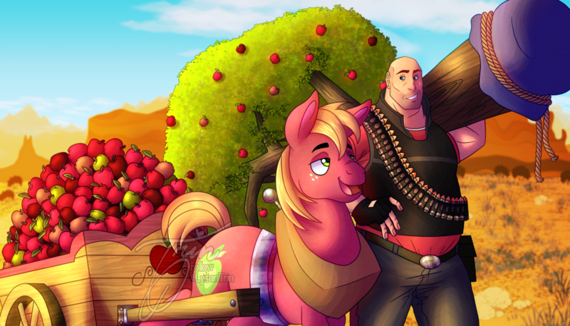 Size: 7000x4000 | Tagged: safe, artist:lycantrin, derpibooru import, big macintosh, bloomberg, earth pony, human, pony, apple, apple cart, apple tree, big brother, bullet, cart, crossover, desert, duo, eyebrows, food, freckles, heavy, heavy weapons guy, image, male, png, smiling, stallion, sunshine, talking, team fortress 2, tree, wholesome