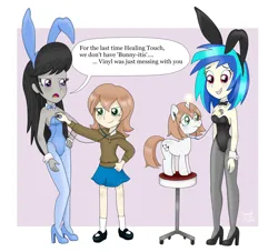 Size: 3273x2975 | Tagged: safe, artist:bageloftime, derpibooru import, octavia melody, vinyl scratch, oc, oc:healing touch, human, unicorn, equestria girls, animal costume, annoyed, bunny costume, bunny suit, checkup, clothes, commission, concerned, costume, hoodie, image, jpeg, skirt, speech bubble, stethoscope
