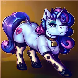 Size: 1328x1328 | Tagged: safe, derpibooru import, machine learning assisted, sweetie belle, unicorn, bell, bell collar, collar, cowprint, eyeliner, eyeshadow, freckles, horn, image, makeup, png, simple background, solo
