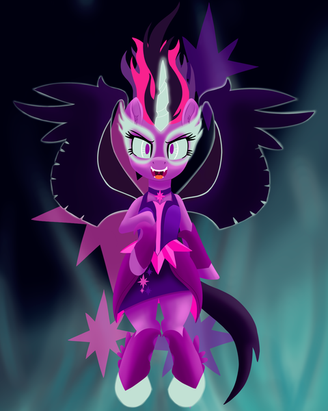 Size: 1985x2481 | Tagged: safe, artist:stellardust, derpibooru import, twilight sparkle, ponified, alicorn, pony, equestria girls, clothes, cutie mark background, ear fluff, female, glow, glowing eyes, glowing horn, high res, horn, image, jewelry, looking at you, mare, midnight sparkle, necklace, open mouth, outfit, png, solo