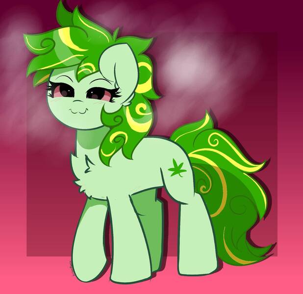 Size: 1711x1661 | Tagged: safe, artist:kittyrosie, derpibooru import, oc, oc:hemp tea, oc:stoney poney, ponified, pony, :3, chest fluff, drugs, high, image, jpeg, marijuana, solo