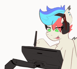 Size: 828x739 | Tagged: safe, artist:pedalspony, derpibooru import, oc, oc:pedals, animated, drawing, drawing tablet, ear piercing, gif, headphones, image, listening to music, piercing, solo, tape, tongue out, tongue piercing