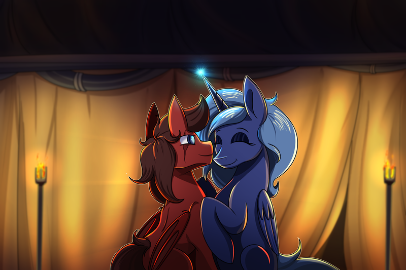 Size: 3000x2000 | Tagged: safe, artist:littletigressda, derpibooru import, princess luna, oc, oc:red, alicorn, bat pony, pony, fanfic:the centurion project, fanfic art, female, image, male, mare, png, stallion, tent, torch