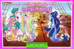 Size: 1962x1298 | Tagged: safe, derpibooru import, official, unnamed character, merpony, pony, advertisement, collection, english, female, gameloft, group, image, jewel, jewel's sister, jewelry, jpeg, mare, mobile game, my little pony: magic princess, necklace, text, unnamed merpony