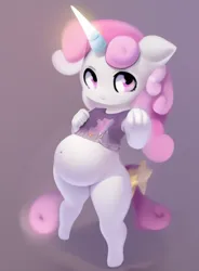 Size: 512x696 | Tagged: safe, derpibooru import, machine learning generated, sweetie belle, anthro, unguligrade anthro, unicorn, belly, chubby, female, image, png, sweetie belly, wrong eye color