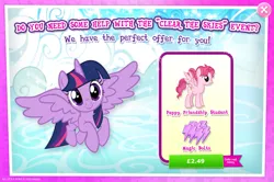 Size: 1964x1301 | Tagged: safe, derpibooru import, official, bifröst, twilight sparkle, twilight sparkle (alicorn), alicorn, pegasus, pony, advertisement, clear the skies, costs real money, english, female, flying, friendship student, gameloft, horn, image, jpeg, mare, mobile game, my little pony: magic princess, numbers, spread wings, text, wings