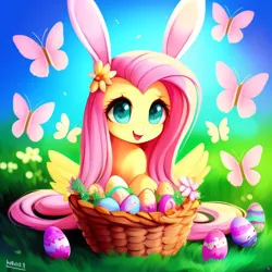 Size: 2048x2048 | Tagged: safe, derpibooru import, machine learning generated, purplesmart.ai, stable diffusion, fluttershy, butterfly, insect, pegasus, pony, basket, bunny ears, easter, easter egg, female, flower, flower in hair, grass, holiday, image, looking at you, mare, png, smiling, spread wings, wings