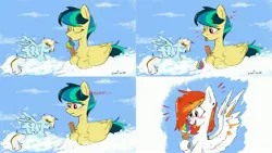 Size: 3840x2160 | Tagged: oc name needed, safe, artist:greatsunflow42, derpibooru import, oc, oc:apogee, pegasus, pony, 4 panel comic, cloud, comic, dropped ice cream, food, ice cream, ice cream cone, image, jpeg, licking, tongue out